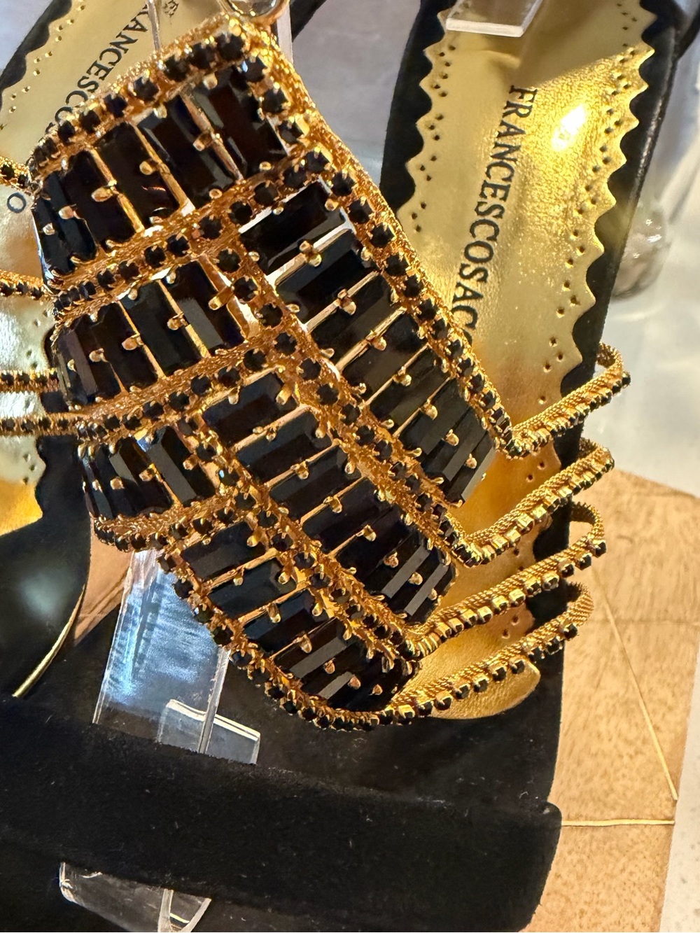 🔥RARE FIND! Frances Cosacco Black & Gold Crystal-Embellished Gold Stiletto Heels - Picture 4 of 12